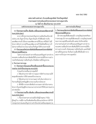 แบบ ปอ.2 (ต่อ)
เทศบาลตาบลท่าเสา อาเภอเมืองอุตรดิตถ์ จังหวัดอุตรดิตถ์
รายงานผลการประเมินองค์ประกอบของการควบคุมภายใน
ณ วันที่ 30 เดือนกันยายน พ.ศ.2559
องค์ประกอบของการควบคุมภายใน ผลการประเมิน/ข้อสรุป
2.2 กิจกรรมการแก้ไข เพิ่มเติม เปลี่ยนแปลงแผนพัฒนาสามปี
(พ.ศ.2559-2561)
จากการที่ประชาชนประสบปัญหาความเดือดร้อนเป็นกรณี
เร่งด่วน เช่น ปัญหาน้าท่วม ปัญหาภัยแล้ง ทาให้ต้องมีการปรับ
แผนพัฒนาสามปี เนื่องจากแผนพัฒนาสามปีที่ประกาศใช้แล้ว ไม่มี
โครงการดังกล่าวบรรจุไว้ในแผนพัฒนาสามปี ซึ่งเมื่อไม่มีโครงการก็
ไม่สามารถที่จะนางบประมาณไปแก้ไขปัญหาให้กับประชาชนได้
2.3 กิจกรรมบอร์ดประชาสัมพันธ์เพื่อเผยแพร่ประชาสัมพันธ์
ให้ประชาชนได้รับทราบ
ไม่สามารถนาเสนอข่าวสารหรือเผยแพร่ข้อมูลข่าวสารต่างๆ
ของเทศบาลเพื่อแจ้งประชาสัมพันธ์ให้กับประชาชนได้รับทราบอย่าง
รวดเร็วทันต่อเหตุการณ์ในปัจจุบัน ยังไม่มีสถานที่เป็นรูปธรรม
3. กิจกรรมการควบคุม
3.1 กิจกรรมการโอนและแก้ไขเปลี่ยนแปลงคาชี้แจงงบประมาณ
รายจ่าย ประจาปีงบประมาณ พ.ศ.2559
กาหนดกิจกรรมขึ้นมาควบคุมดังนี้
1. ให้ทุกส่วนราชการมีการวางแผนการจัดทางบประมาณให้
สมดุลเพียงพอต่อการใช้จ่ายตลอดปีงบประมาณ
2. ให้ทุกส่วนราชการรายงานผลการดาเนินงานโครงการ/
กิจกรรมที่อยู่ในเทศบัญญัติงบประมาณเป็นรายไตรมาส
3. จัดให้มีการประชาสัมพันธ์รายงานผลการดาเนินงานตาม
โครงการในเทศบัญญัติงบประมาณรายจ่ายประจาปีให้ประชาชนทราบ
อย่างต่อเนื่อง
3.2 กิจกรรมการแก้ไข เพิ่มเติม เปลี่ยนแปลงแผนพัฒนาสามปี
(พ.ศ.2559-2561)
1. ชี้แจงประสานความร่วมมือไปยังผู้นาชุมชน กานัน/
ผู้ใหญ่บ้าน กรณีมีการแก้ไขเพิ่มเติมหรือเปลี่ยนแปลงโครงการให้ ให้
ประชุมประชาคมเสนอปัญหาความจาเป็นเร่งด่วนพร้อมเหตุผลความ
3. กิจกรรมบอร์ดประชาสัมพันธ์เพื่อเผยแพร่ประชาสัมพันธ์
ให้ประชาชนได้รับทราบ
มีการควบคุมที่เพียงพอแล้ว บรรลุวัตถุประสงค์ของ
การควบคุม มีการควบคุมที่เพียงพอแล้ว บรรลุวัตถุประสงค์
ของการควบคุมได้ในระดับหนึ่ง แต่อย่างไรก็ตามยังไม่
สามารถนาเสนอข่าวสารหรือเผยแพร่ข้อมูลข่าวสารต่างๆ
ของเทศบาลเพื่อแจ้งประชาสัมพันธ์ให้กับประชาชนได้รับ
ทราบอย่างรวดเร็ว ทันต่อเหตุการณ์ในปัจจุบัน และยังไม่มี
สถานที่เป็นรูปธรรม จึงเป็นความเสี่ยงที่ยังต้องมีการวาง
แผนการปรับปรุงการควบคุมต่อไป
 