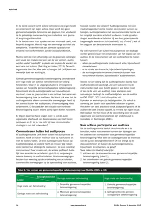 30 SIGMA Nummer 6, december 2015www.sigmaonline.nl
AUDITING
hoeveel moeten die betalen? Auditorganisaties met een
maatschappelijke functie moeten deze kosten kunnen op-
brengen, auditorganisaties met een commerciële functie wil-
len mogelijk aan deze activiteit verdienen. In alle gevallen
dragen aanvullende activiteiten bij aan hun gepercipieerde
toegevoegde waarde en zichtbaarheid (‘top of mind’), wat uit
het oogpunt van bestaansrecht interessant is.
Op vele manieren kan buiten het auditproces een bijdrage
worden geleverd aan het ontwikkelen van het begrip van een
auditee. In de instrumenten valt een onderscheid te maken
tussen:
- alleen de auditorganisatie onderneemt actie, bijvoorbeeld
nieuwsbrieven;
- er is sprake van interactie, bijvoorbeeld opleidingen;
- de auditorganisatie entameert interactie tussen haar
verschillende klanten, bijvoorbeeld in auditnetwerken.
Steeds is van belang dat de auditorganisatie daarbij haar
onafhankelijkheid waarborgt. Zo komt adviseren bij de
instrumenten niet voor. Inzicht geven in wat beter moet
of kan is de kern van auditing, maar adviseren over
oplossingen bedreigt de onafhankelijkheid van de auditor
en ISO 17021:2011 sluit dit expliciet uit.
Opleiden en workshops zijn twijfelgevallen. De valkuil is
aanwezig om daarin toch specifieke adviezen te geven.
Het delen van best practices wordt acceptabel geacht; of de
auditee de best practice oppakt, is immers zijn eigen keuze.
Wel bestaat hier het risico of de beoordeling door de audit-
organisatie van wat best practices zijn onderbouwd is
(Lonsdale en Bechberger, 2011).
Naar actieve participatie van auditees
Als de auditorganisatie besluit de ruimte die er is te
benutten, welke instrumenten kunnen dan bijdragen aan
het creëren van voorwaarden voor gemeenschappelijke
betekenisgeving? Hoe wekt de auditorganisatie de interesse
van de (juiste) belanghebbenden? Of hoe brengt zij de
discussie binnen en tussen de auditeeorganisatie(s),
bijvoorbeeld in netwerken, op gang?
Twee zaken zijn daarbij belangrijk:
1. voldoen aan de voorwaarden voor gemeenschappelijke
betekenisgeving (tabel 1);
2. het ontwikkelen van geleide gemeenschappelijke
betekenisgeving (tabel 2).
In de derde variant vormt iedere betrokkene zijn eigen beeld
en onderneemt zijn eigen acties. Daar wordt dan geen
gemeenschappelijke betekenis aan gegeven. Een voorbeeld
is de gebrekkige samenwerking van instanties rond gezins-
of jeugdzorgproblematiek.
In de laatste vorm is er sprake van een minimaal beeld, met
beperkt draagvlak. Hieruit volgt een eenmalige activiteit als
compromis. Te denken valt aan correctie op basis van
evidente non-conformiteiten, zonder oorzaakonderzoek.
Maitlis stelt dat men afhankelijk van de gewenste opbrengst
een keuze kan maken voor een van de vier vormen. Audits
worden veelal ‘overleefd’, in plaats van ervaren te worden als
een kans om te leren (Reichling en Jonker, 2015). De audit-
organisatie dient het idee over te brengen dat (zelf-)leren een
wenselijk doel van auditing is.
Geleide gemeenschappelijke betekenisgeving veronderstelt
een hoge mate van actieve betrokkenheid van belang-
hebbenden. Maar in de uitgangssituatie is er hoogstens
sprake van ‘beperkte gemeenschappelijke betekenisgeving’,
bijvoorbeeld als de auditorganisatie wel nieuwsbrieven
verstuurt, maar er geen sprake is van actieve deelname aan
betekenisgeving door de auditees. Het komt ook voor dat de
auditorganisatie alleen commerciële overwegingen heeft bij
het aanbod buiten het auditproces, of eenvoudigweg niets
onderneemt. Er bestaat dan een situatie van minimale
betekenisgeving waarin iedere partij eigen doelen nastreeft.
Er blijven daarmee twee vragen over: 1. wil de audit-
organisatie überhaupt een businesscase voor (zelf-)leren
opbouwen en 2. zo ja, hoe richt zij haar communicatie-
strategie in om dat te bereiken?
Communiceren buiten het auditproces
Of auditorganisaties (zelf-)leren buiten het auditproces be-
vorderen, heeft te maken met hun visie op hun functie en
met de kosten/baten. De ene auditorganisatie focust op
kwaliteitsborging, de andere heeft als missie ‘Wij helpen
onze klanten hun strategie te realiseren’. De ene instelling
communiceert haar missie niet, de andere profileert duide-
lijk haar aanvullende activiteiten, gericht op toegevoegde
waarde bovenop de auditactiviteiten. Kostenoverwegingen
hebben hun weerslag op de ontwikkeling van activiteiten,
commerciële overwegingen op de openstelling voor auditees,
Tabel 2. Vier vormen van gemeenschappelijke betekenisgeving (naar Maitlis, 2005, p. 32)
Belanghebbenden
Leider
Geringe mate van beïnvloeding Hoge mate van beïnvloeding
Hoge mate van beïnvloeding
2. Beperkte gemeenschappelijke
betekenisgeving
1. Geleide gemeenschappelijke
betekenisgeving
Geringe mate van beïnvloeding
4. Minimale gemeenschappelijke
betekenisgeving
3. Gefragmenteerde gemeen-
schappelijke betekenisgeving
 