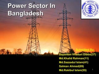 Power Sector In
Bangladesh
Sayanton Vhaduri Dibbo(37)
Md.Khalid Rahman(11)
Md.Sazzadul Islam(41)
Salman Ahmed(09)
Md.Rokibul Islam(55)
Submitted By:
1
 