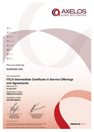 This is to certify that
Printed on 10 February 2015
Has achieved the
Effective from
24 Sep 2014
Registration number
Certificate number
GR756015656SJ
SURENDER JAIN
9980078797819610
Constantinos Kesentes
PEOPLECERT Group
General Manager
Panorea Theleriti
PEOPLECERT Group
Certification Qualifier
ITIL® Intermediate Certificate in Service Offerings
and Agreements
ITIL, PRINCE2, MSP, M_o_R, P3M3, P3O, MoP and MoV are registered trade marks of AXELOS Limited.
AXELOS, the AXELOS logo and the AXELOS swirl logo are trade marks of AXELOS Limited.
The terms governing the issue of this certificate and its validity can be confirmed via www.peoplecert.org.
 