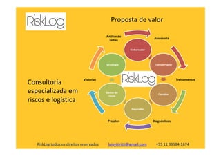 Assessoria
TreinamentosVistorias
Análise de
falhas
Embarcador
TransportadorTecnologia
Proposta de valor
Consultoria
RiskLog todos os direitos reservados luisvitiritti@gmail.com +55 11 99584-1674
Treinamentos
DiagnósticosProjetos
Vistorias
Corretor
Segurador
Gestor de
riscos
Consultoria
especializada em
riscos e logística
 