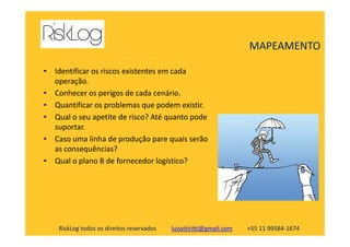 • Identificar os riscos existentes em cada
operação.
• Conhecer os perigos de cada cenário.
• Quantificar os problemas que podem existir.
• Qual o seu apetite de risco? Até quanto pode
suportar.
MAPEAMENTO
RiskLog todos os direitos reservados luisvitiritti@gmail.com +55 11 99584-1674
suportar.
• Caso uma linha de produção pare quais serão
as consequências?
• Qual o plano B de fornecedor logístico?
 