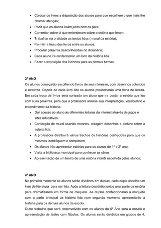 • Colocar os livros a disposição dos alunos para que escolhem o que mais lhe
chamar atenção;
• Pedir que os alunos leiam junto com os pais;
• Comentar sobre oi que entenderam sobre a estória que leram
• Trabalhar na oralidade os textos lidos ( moral da estória);
• Permitir a troco dos livros entre os alunos;
• Procurar palavras desconhecidas no dicionário;
• Cada aluno ira confeccionar um livro da história lida
• Fazer a exposição dos livrinhos para as demais turmas.
3º ANO
Os alunos começarão escolhendo livros de seu interesse, com desenhos coloridos
e atrativos. Depois de cada livro lido os alunos preencherão uma ficha de leitura.
Em cada troca de livros será sorteado um aluno que ira contar a estória que leu
com suas palavras, para que a professora analise sua interpretação, vocabulário e
entendimento da história.
• Dar acesso ao aluno as diferentes leituras da internet através de jogos e
sites educativos.
• Confecção de mural usando recortes, colagem desenhos e pintura sobre a
estória lida;
• A professora distribuirá vários trechos de histórias conhecidas para que os
mesmos identifiquem e completem.
• Os alunos irão apresentar estórias para os alunos do 1º e 2º ano;
• Visita a biblioteca municipal para conhecer as obras
• Apresentação de um teatro de uma estória infantil escolhida pelos alunos;
4º ANO
No primeiro momento os alunos serão divididos em duplas, cada dupla escolhe um
livro de literatura para ser lido. Após a leitura decidirão juntos uma parte da estória
para dramatizarem em forma de maquete. As duplas confeccionarão a maquete
com a parte principal da história lida num segundo momento apresentarão a
história para os demais alunos da escola.
Outro trabalho que será desenvolvido com os alunos do 5º Ano será o ensaio e
apresentação de teatro com fábulas. Os alunos serão divididos em grupos de 4,
 