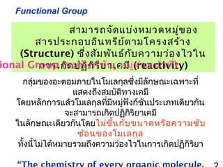 Functional Group

สามารถจัด แบ่ง หมวดหมู่ข อง
สารประกอบอิน ทรีย ์ต ามโครงสร้า ง
(Structure) ซึ่ง สัม พัน ธ์ก ับ ความว่อ งไวใน
ional Group (หมุฟ ัง ก์ช น , หมู(reactivity)
่
การเกิด ปฏิก ิร ิย ั าเคมี ่ท ำา หน้า ที่)
กลุ่มของอะตอมภายในโมเลกุลซึ่งมีลักษณะเฉพาะที่
แสดงถึงสมบัติทางเคมี
โดยหลักการแล้วโมเลกุลทีมหมูฟงก์ชันประเภทเดียวกัน
่ ี ่ ั
จะสามารถเกิดปฏิกิริยาเคมี
ในลักษณะเดียวกันโดยไม่ข ึ้น กับ ขนาดหรือ ความซับ
ซ้อ นของโมเลกุล
ทังนีไม่ได้หมายรวมถึงความว่องไวในการเกิดปฏิกิริยา
้ ้

 