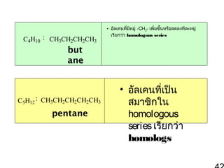 C4H10 : CH3CH2CH2CH3

but
ane

C5H12 : CH3CH2CH2CH2CH3

pentane

• อัลเคนที่มีหมู่ -CH2- เพิ่มขึ้นหรือลดลงทีละหมู่
เรียกว่า homologous series
CH3CHCH3

CH3

• อัลเคนที่เป็น CH3
CH3CHCH2CH3 ใน CH3CCH3
สมาชิก
CH3
homologous CH3
series เรียกว่า
homologs

 