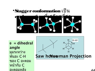 • Stagger conformation เป็น
conformation ทีเ สถีย รที่ส ุด
่

θ = dihedral

angle
มุมระหว่าง
พันธะ C-H
ของ C อะตอม
หน้ากับ C
อะตอมหลัง

H
H

θ=60o
H

H

H
H

Saw horse
Newman Projection

 