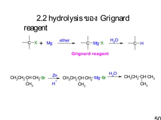 2.2 hydrolysis ของ Grignard
reagent
C X

+

ether

Mg

C Mg X

H2O

C H

Grignard reagent

CH3CH2 CH CH2 Br
CH3

Zn
H

+

CH3CH2 CH CH2 Mg Br
CH3

H2O

CH3CH2 CH CH3
CH3

 