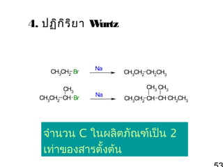 4. ปฏิก ิร ิย า W
urtz

CH3CH2 Br
CH3
CH3CH2 CH Br

Na

Na

CH3CH2 CH2CH3
CH3 CH3
CH3CH2 CH CH CH2CH3

จำานวน C ในผลิตภัณฑ์เป็น 2
เท่าของสารตั้งต้น

 