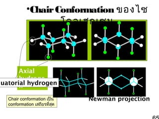 •Chair Conformation ของไซ
โคลเฮกเซน

Axial
hydroge
quatorial hydrogen
n
Chair conformation เป็น
conformation เสถียรที่สุด

Newman projection

 