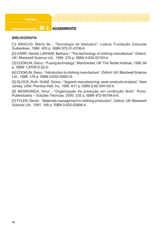 98
M-1M-1M-1M-1M-1TECNOLOGIA DE CONFECÇÃOTECNOLOGIA DE CONFECÇÃOTECNOLOGIA DE CONFECÇÃOTECNOLOGIA DE CONFECÇÃOTECNOLOGIA DE CONFECÇÃO
CONFEC@neCONFEC@neCONFEC@neCONFEC@neCONFEC@nettttt
AAAAACCCCCABAMENTABAMENTABAMENTABAMENTABAMENTOOOOO
BIBLIOGRAFIA
[1] ARAÚJO, Mário de - “Tecnologia do Vestuário”. Lisboa: Fundação Calouste
Gulbenkian, 1996. 455 p. ISBN 972-31-0706-6.
[2] CARR, Harold; LATHAM, Barbara - “The technology of clothing manufacture”. Oxford,
UK: Blackwell Science Ltd., 1994. 274 p. ISBN 0-632-02193-4.
[3] COOKLIN, Gerry - “Fusing technology”.Manchester, UK:The Textile Institute, 1990. 94
p. ISBN 1-870812-22-0.
[4] COOKLIN, Gerry - “Introduction to clothing manufacture”. Oxford, UK: Blackwell Science
Ltd., 1996. 178 p. ISBN 0-632-02661-8.
[5] GLOCK, Ruth; KUNZ, Grace - “Apparel manufacturing: sewn products analysis”. New
Jersey, USA: Prentice-Hall, Inc, 1995. 611 p. ISBN 0-02-344142-9.
[6] MENDONÇA, Artur - “Organização da produção em confecção têxtil”. Porto:
Publindústria – Edições Técnicas, 2000. 235 p. ISBN 972-95794-6-6.
[7] TYLER, David - “Materials management in clothing production”. Oxford, UK: Blackwell
Science Ltd., 1991. 168 p. ISBN 0-632-02896-4.
 