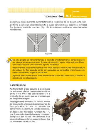 15
CONFEC@neCONFEC@neCONFEC@neCONFEC@neCONFEC@nettttt
M-1M-1M-1M-1M-1 TECNOLOGIA DE CONFECÇÃOTECNOLOGIA DE CONFECÇÃOTECNOLOGIA DE CONFECÇÃOTECNOLOGIA DE CONFECÇÃOTECNOLOGIA DE CONFECÇÃOTECNOLTECNOLTECNOLTECNOLTECNOLOGIA TÊXTILOGIA TÊXTILOGIA TÊXTILOGIA TÊXTILOGIA TÊXTIL
Conforme a torção aumenta, aumenta também a resistência do fio, até um certo valor.
De forma a aumentar a resistência do fio e outras características, podem ser formados
fios juntando mais de um cabo (fig. 16). As máquinas utilizadas são chamadas
retorcedores.
Se uma porção de fibras for torcida e estirada simultaneamente, será provocado
um alongamento dessa massa fibrosa e introduzido algum atrito entre as fibras,
formando-se assim um cabo com alguma resistência.
Basicamente é possível fabricar fios com fibras naturais, não naturais ou com mistura
de ambas. Os fios poderão ainda ser cardados ou penteados (mais finos e de
melhor qualidade), singelos ou torcidos.
Algumas das características mais relevantes de um fio são o seu título, a torção, a
resistência e a elasticidade.
1.4 TECELAGEM
Na fileira têxtil, a fase seguinte é a produção
de estruturas planas, tendo como matéria-
prima o fio. Uma das possibilidades é a
produção de um tecido, por um processo que
se designa tecelagem.
Tecelagem será entendida no sentido restrito
do cruzamento ortogonal de dois sistemas de
fios paralelos: a teia, no sentido do
comprimento e a trama, no sentido da largura.
Os tecidos são fabricados num tear (fig. 17),
que é uma máquina relativamente complexa,
composta por vários mecanismos que
sincronizados permitem o cruzamento dos fios
da trama com os fios da teia.
Figura 16
Figura 17
Fonte:CatálogodaSulzerRuti
 