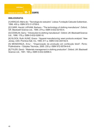 48
M-1M-1M-1M-1M-1TECNOLOGIA DE CONFECÇÃOTECNOLOGIA DE CONFECÇÃOTECNOLOGIA DE CONFECÇÃOTECNOLOGIA DE CONFECÇÃOTECNOLOGIA DE CONFECÇÃO
CONFEC@neCONFEC@neCONFEC@neCONFEC@neCONFEC@nettttt
CORTECORTECORTECORTECORTE
BIBLIOGRAFIA
[1] ARAÚJO, Mário de - “Tecnologia do vestuário”.Lisboa:Fundação Calouste Gulbenkian,
1996. 455 p. ISBN 972-31-0706-6.
[2] CARR, Harold; LATHAM, Barbara - “The technology of clothing manufacture”. Oxford,
UK: Blackwell Science Ltd., 1994. 274 p. ISBN 0-632-02193-4.
[3] COOKLIN, Gerry - “Introduction to clothing manufacture”.Oxford, UK:Blackwell Science
Ltd., 1996. 178 p. ISBN 0-632-02661-8.
[4] GLOCK, Ruth; KUNZ, Grace - “Apparel manufacturing: sewn products analysis”. New
Jersey, USA: Prentice-Hall, Inc, 1995. 611 p. ISBN 0-02-344142-9.
[5] MENDONÇA, Artur - “Organização da produção em confecção têxtil”. Porto:
Publindústria – Edições Técnicas, 2000. 235 p. ISBN 972-95794-6-6.
[6] TYLER, David - “Materials management in clothing production”. Oxford, UK: Blackwell
Science Ltd., 1991. 168 p. ISBN 0-632-02896-4.
 