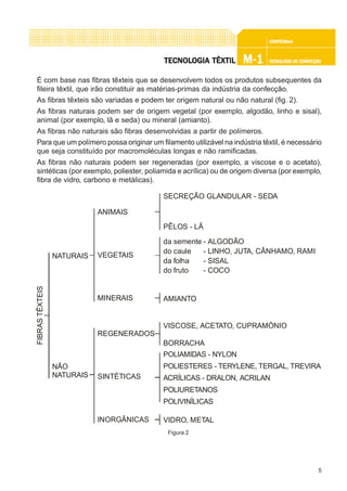 5
CONFEC@neCONFEC@neCONFEC@neCONFEC@neCONFEC@nettttt
M-1M-1M-1M-1M-1 TECNOLOGIA DE CONFECÇÃOTECNOLOGIA DE CONFECÇÃOTECNOLOGIA DE CONFECÇÃOTECNOLOGIA DE CONFECÇÃOTECNOLOGIA DE CONFECÇÃOTECNOLTECNOLTECNOLTECNOLTECNOLOGIA TÊXTILOGIA TÊXTILOGIA TÊXTILOGIA TÊXTILOGIA TÊXTIL
É com base nas fibras têxteis que se desenvolvem todos os produtos subsequentes da
fileira têxtil, que irão constituir as matérias-primas da indústria da confecção.
As fibras têxteis são variadas e podem ter origem natural ou não natural (fig. 2).
As fibras naturais podem ser de origem vegetal (por exemplo, algodão, linho e sisal),
animal (por exemplo, lã e seda) ou mineral (amianto).
As fibras não naturais são fibras desenvolvidas a partir de polímeros.
Para que um polímero possa originar um filamento utilizável na indústria têxtil, é necessário
que seja constituído por macromoléculas longas e não ramificadas.
As fibras não naturais podem ser regeneradas (por exemplo, a viscose e o acetato),
sintéticas (por exemplo, poliester, poliamida e acrílica) ou de origem diversa (por exemplo,
fibra de vidro, carbono e metálicas).
Figura 2
FIBRASTÊXTEIS
NATURAIS
ANIMAIS
VEGETAIS
REGENERADOS
VISCOSE, ACETATO, CUPRAMÓNIO
BORRACHA
da semente - ALGODÃO
do caule - LINHO, JUTA, CÂNHAMO, RAMI
da folha - SISAL
do fruto - COCO
POLIAMIDAS - NYLON
POLIESTERES - TERYLENE, TERGAL, TREVIRA
ACRÍLICAS - DRALON, ACRILAN
POLIURETANOS
POLIVINÍLICAS
SINTÉTICAS
INORGÂNICAS VIDRO, METAL
MINERAIS AMIANTO
PÊLOS - LÃ
SECREÇÃO GLANDULAR - SEDA
NÃO
NATURAIS
 