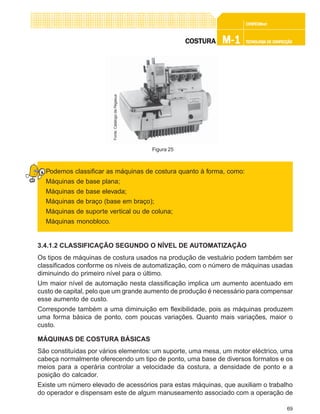 69
CONFEC@neCONFEC@neCONFEC@neCONFEC@neCONFEC@nettttt
M-1M-1M-1M-1M-1 TECNOLOGIA DE CONFECÇÃOTECNOLOGIA DE CONFECÇÃOTECNOLOGIA DE CONFECÇÃOTECNOLOGIA DE CONFECÇÃOTECNOLOGIA DE CONFECÇÃOCOSTURACOSTURACOSTURACOSTURACOSTURA
Podemos classificar as máquinas de costura quanto à forma, como:
Máquinas de base plana;
Máquinas de base elevada;
Máquinas de braço (base em braço);
Máquinas de suporte vertical ou de coluna;
Máquinas monobloco.
3.4.1.2 CLASSIFICAÇÃO SEGUNDO O NÍVEL DE AUTOMATIZAÇÃO
Os tipos de máquinas de costura usados na produção de vestuário podem também ser
classificados conforme os níveis de automatização, com o número de máquinas usadas
diminuindo do primeiro nível para o último.
Um maior nível de automação nesta classificação implica um aumento acentuado em
custo de capital, pelo que um grande aumento de produção é necessário para compensar
esse aumento de custo.
Corresponde também a uma diminuição em flexibilidade, pois as máquinas produzem
uma forma básica de ponto, com poucas variações. Quanto mais variações, maior o
custo.
MÁQUINAS DE COSTURA BÁSICAS
São constituídas por vários elementos: um suporte, uma mesa, um motor eléctrico, uma
cabeça normalmente oferecendo um tipo de ponto, uma base de diversos formatos e os
meios para a operária controlar a velocidade da costura, a densidade de ponto e a
posição do calcador.
Existe um número elevado de acessórios para estas máquinas, que auxiliam o trabalho
do operador e dispensam este de algum manuseamento associado com a operação de
Figura 25
Fonte:CatálogodaPegasus
 