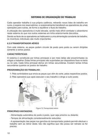 120
M-2M-2M-2M-2M-2PLANEAMENTOPLANEAMENTOPLANEAMENTOPLANEAMENTOPLANEAMENTO
CONFEC@neCONFEC@neCONFEC@neCONFEC@neCONFEC@nettttt
SISTEMAS DE ORSISTEMAS DE ORSISTEMAS DE ORSISTEMAS DE ORSISTEMAS DE ORGGGGGANIZAÇÃO DO TRABALHOANIZAÇÃO DO TRABALHOANIZAÇÃO DO TRABALHOANIZAÇÃO DO TRABALHOANIZAÇÃO DO TRABALHO
Cada operador trabalha à sua própria cadência, retirando novos lotes de trabalho em
curso, à espera nos reservatórios, e ocasionalmente transferem-se operadores de umas
operações para outras, de forma a equilibrar o fluxo do trabalho.
A utilização dos operadores é muito elevada, sendo mais difícil combater o absentismo
neste sistema do que nos outros sistemas em linha anteriormente discutidos.
Devido ao facto de os operadores se habituarem a uma alimentação constante de trabalho,
os incentivos individuais são muito importantes.
6.2.8 TRANSPORTADOR AÉREO
Com este sistema, as peças podem circular de posto para posto ou serem dirigidas
somente a certos postos.
CARACTERÍSTICAS:
O sistema é constituído por linhas principais e por meio delas são encaminhadas os
artigos a trabalhar. Estas linhas principais são suportadas por dispositivos fixos no tecto
ou no solo. Cada linha principal deriva em linhas secundárias. Existem tantas linhas
secundárias quantos os postos de trabalho.
PROGRAMAÇÃO DO TRABALHO:
1- Pela controladora que envia as peças que vêm do corte, pelos respectivos postos.
2- Pela operadora que após executar o seu trabalho o dirige a outro posto.
PRINCIPAIS VANTAGENS:
- Alimentação automática de posto à posto, quer seja próximo ou distante;
- Tempos de alimentação consideravelmente reduzidos;
- A apresentação das peças nos ganchos do transportador poderá permitir efectuar o
trabalho sem as retirar deste. Isto não significa que não possa ser retirado se for
preciso;
Figura 10- Transportador aéreo
 