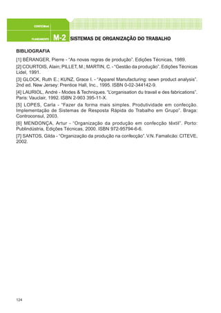 124
M-2M-2M-2M-2M-2PLANEAMENTOPLANEAMENTOPLANEAMENTOPLANEAMENTOPLANEAMENTO
CONFEC@neCONFEC@neCONFEC@neCONFEC@neCONFEC@nettttt
SISTEMAS DE ORSISTEMAS DE ORSISTEMAS DE ORSISTEMAS DE ORSISTEMAS DE ORGGGGGANIZAÇÃO DO TRABALHOANIZAÇÃO DO TRABALHOANIZAÇÃO DO TRABALHOANIZAÇÃO DO TRABALHOANIZAÇÃO DO TRABALHO
BIBLIOGRAFIA
[1] BÉRANGER, Pierre - “As novas regras de produção”. Edições Técnicas, 1989.
[2] COURTOIS, Alain; PILLET, M.; MARTIN, C. - “Gestão da produção”. Edições Técnicas
Lidel, 1991.
[3] GLOCK, Ruth E.; KUNZ, Grace I. - “Apparel Manufacturing: sewn product analysis”.
2nd ed. New Jersey: Prentice Hall, Inc., 1995. ISBN 0-02-344142-9.
[4] LAURIOL, André - Modes & Techniques. “L’organisation du travail e des fabrications”.
Paris: Vauclair, 1992. ISBN 2-903 395-11-X.
[5] LOPES, Carla - “Fazer da forma mais simples. Produtividade em confecção.
Implementação de Sistemas de Resposta Rápida do Trabalho em Grupo”. Braga:
Controconsul, 2003.
[6] MENDONÇA, Artur - “Organização da produção em confecção têxtil”. Porto:
Publindústria, Edições Técnicas, 2000. ISBN 972-95794-6-6.
[7] SANTOS, Gilda - “Organização da produção na confecção”. V.N. Famalicão: CITEVE,
2002.
 
