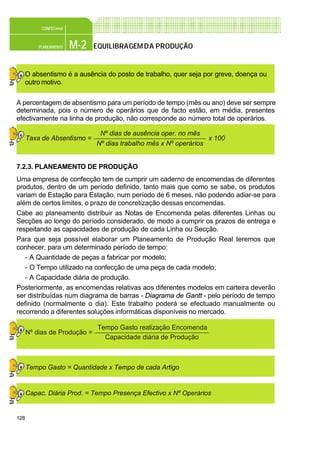 128
M-2PLANEAMENTO
CONFEC@net
EQUILIBRAGEMDA PRODUÇÃO
O absentismo é a ausência do posto de trabalho, quer seja por greve, doença ou
outro motivo.
A percentagem de absentismo para um período de tempo (mês ou ano) deve ser sempre
determinada, pois o número de operários que de facto estão, em média, presentes
efectivamente na linha de produção, não corresponde ao número total de operários.
7.2.3. PLANEAMENTO DE PRODUÇÃO
Uma empresa de confecção tem de cumprir um caderno de encomendas de diferentes
produtos, dentro de um período definido, tanto mais que como se sabe, os produtos
variam de Estação para Estação, num período de 6 meses, não podendo adiar-se para
além de certos limites, o prazo de concretização dessas encomendas.
Cabe ao planeamento distribuir as Notas de Encomenda pelas diferentes Linhas ou
Secções ao longo do período considerado, de modo a cumprir os prazos de entrega e
respeitando as capacidades de produção de cada Linha ou Secção.
Para que seja possível elaborar um Planeamento de Produção Real teremos que
conhecer, para um determinado período de tempo:
- A Quantidade de peças a fabricar por modelo;
- O Tempo utilizado na confecção de uma peça de cada modelo;
- A Capacidade diária de produção.
Posteriormente, as encomendas relativas aos diferentes modelos em carteira deverão
ser distribuídas num diagrama de barras - Diagrama de Gantt - pelo período de tempo
definido (normalmente o dia). Este trabalho poderá se efectuado manualmente ou
recorrendo a diferentes soluções informáticas disponíveis no mercado.
Nº dias de ausência oper. no mês
Nº dias trabalho mês x Nº operários
Taxa de Absentismo = x 100
Tempo Gasto realização Encomenda
Capacidade diária de Produção
Nº dias de Produção =
Tempo Gasto = Quantidade x Tempo de cada Artigo
Capac. Diária Prod. = Tempo Presença Efectivo x Nº Operários
 