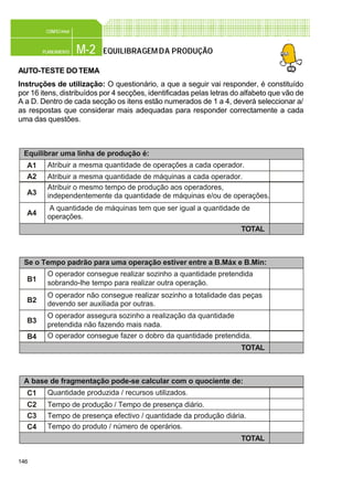 146
M-2PLANEAMENTO
CONFEC@net
EQUILIBRAGEMDA PRODUÇÃO
AUTO-TESTE DOTEMA
Instruções de utilização: O questionário, a que a seguir vai responder, é constituído
por 16 itens, distribuídos por 4 secções, identificadas pelas letras do alfabeto que vão de
A a D. Dentro de cada secção os itens estão numerados de 1 a 4, deverá seleccionar a/
as respostas que considerar mais adequadas para responder correctamente a cada
uma das questões.
Se o Tempo padrão para uma operação estiver entre a B.Máx e B.Min:
B1
B2
B3
B4
O operador consegue realizar sozinho a quantidade pretendida
sobrando-lhe tempo para realizar outra operação.
O operador não consegue realizar sozinho a totalidade das peças
devendo ser auxiliada por outras.
O operador assegura sozinho a realização da quantidade
pretendida não fazendo mais nada.
O operador consegue fazer o dobro da quantidade pretendida.
TOTAL
A base de fragmentação pode-se calcular com o quociente de:
C1
C2
C3
C4
Quantidade produzida / recursos utilizados.
Tempo de produção / Tempo de presença diário.
Tempo de presença efectivo / quantidade da produção diária.
Tempo do produto / número de operários.
TOTAL
Equilibrar uma linha de produção é:
A1
A2
A3
A4
Atribuir a mesma quantidade de operações a cada operador.
Atribuir a mesma quantidade de máquinas a cada operador.
Atribuir o mesmo tempo de produção aos operadores,
independentemente da quantidade de máquinas e/ou de operações.
A quantidade de máquinas tem que ser igual a quantidade de
operações.
TOTAL
 