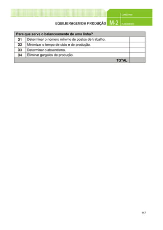 147
CONFEC@net
M-2 PLANEAMENTOEQUILIBRAGEMDA PRODUÇÃO
Para que serve o balanceamento de uma linha?
D1
D2
D3
D4
Determinar o número mínimo de postos de trabalho.
Minimizar o tempo de ciclo e de produção.
Determinar o absentismo.
Eliminar gargalos de produção.
TOTAL
 