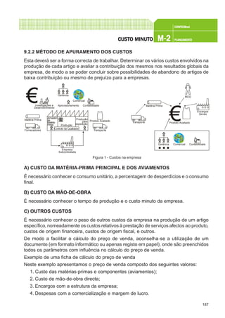 187
CONFEC@neCONFEC@neCONFEC@neCONFEC@neCONFEC@nettttt
M-2M-2M-2M-2M-2 PLANEAMENTOPLANEAMENTOPLANEAMENTOPLANEAMENTOPLANEAMENTOCUSTCUSTCUSTCUSTCUSTO MINUTO MINUTO MINUTO MINUTO MINUTOOOOO
9.2.2 MÉTODO DE APURAMENTO DOS CUSTOS
Esta deverá ser a forma correcta de trabalhar. Determinar os vários custos envolvidos na
produção de cada artigo e avaliar a contribuição dos mesmos nos resultados globais da
empresa, de modo a se poder concluir sobre possibilidades de abandono de artigos de
baixa contribuição ou mesmo de prejuízo para a empresas.
A) CUSTO DA MATÉRIA-PRIMA PRINCIPAL E DOS AVIAMENTOS
É necessário conhecer o consumo unitário, a percentagem de desperdícios e o consumo
final.
B) CUSTO DA MÃO-DE-OBRA
É necessário conhecer o tempo de produção e o custo minuto da empresa.
C) OUTROS CUSTOS
É necessário conhecer o peso de outros custos da empresa na produção de um artigo
específico, nomeadamente os custos relativos à prestação de serviços afectos ao produto,
custos de origem financeira, custos de origem fiscal, e outros.
De modo a facilitar o cálculo do preço de venda, aconselha-se a utilização de um
documento (em formato informático ou apenas registo em papel), onde são preenchidos
todos os parâmetros com influência no cálculo do preço de venda.
Exemplo de uma ficha de cálculo do preço de venda
Neste exemplo apresentamos o preço de venda composto dos seguintes valores:
1. Custo das matérias-primas e componentes (aviamentos);
2. Custo de mão-de-obra directa;
3. Encargos com a estrutura da empresa;
4. Despesas com a comercialização e margem de lucro.
Figura 1 - Custos na empresa
Produto AcabadoTransporte
Matéria Prima
Encargos
Gerais
ComercialGerência Contabilidade
MOD
Empresa
Subcontratada
Armazém
de
Matéria
Prima Produção
Controlo da Qualidade
Produção
para
expedição
Transporte
Produto Acabado
Fornecedores
Matéria Prima
Comercial
ContabilidadeAprovisionamento
Gerência
Investigações e
Desenvolvimento
 
