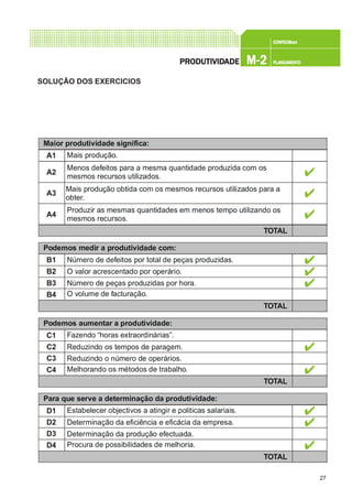 27
CONFEC@neCONFEC@neCONFEC@neCONFEC@neCONFEC@nettttt
M-2M-2M-2M-2M-2 PLANEAMENTOPLANEAMENTOPLANEAMENTOPLANEAMENTOPLANEAMENTOPRPRPRPRPRODUTIVIDODUTIVIDODUTIVIDODUTIVIDODUTIVIDADEADEADEADEADE
SOLUÇÃO DOS EXERCICIOS
Maior produtividade significa:
A1
A2
A3
A4
Mais produção.
Menos defeitos para a mesma quantidade produzida com os
mesmos recursos utilizados.
Mais produção obtida com os mesmos recursos utilizados para a
obter.
Produzir as mesmas quantidades em menos tempo utilizando os
mesmos recursos.
TOTAL
Podemos medir a produtividade com:
B1
B2
B3
B4
Número de defeitos por total de peças produzidas.
O valor acrescentado por operário.
Número de peças produzidas por hora.
O volume de facturação.
TOTAL
Podemos aumentar a produtividade:
C1
C2
C3
C4
Fazendo “horas extraordinárias”.
Reduzindo os tempos de paragem.
Reduzindo o número de operários.
Melhorando os métodos de trabalho.
TOTAL
Para que serve a determinação da produtividade:
D1
D2
D3
D4
Estabelecer objectivos a atingir e politicas salariais.
Determinação da eficiência e eficácia da empresa.
Determinação da produção efectuada.
Procura de possibilidades de melhoria.
TOTAL
 