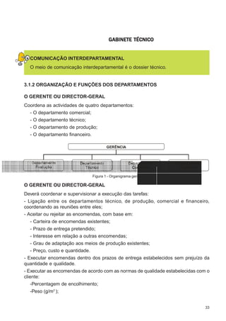 33
CONFEC@neCONFEC@neCONFEC@neCONFEC@neCONFEC@nettttt
M-2M-2M-2M-2M-2 PLANEAMENTOPLANEAMENTOPLANEAMENTOPLANEAMENTOPLANEAMENTOGGGGGABINETE TÉCNICOABINETE TÉCNICOABINETE TÉCNICOABINETE TÉCNICOABINETE TÉCNICO
COMUNICAÇÃO INTERDEPARTAMENTAL
O meio de comunicação interdepartamental é o dossier técnico.
3.1.2 ORGANIZAÇÃO E FUNÇÕES DOS DEPARTAMENTOS
O GERENTE OU DIRECTOR-GERAL
Coordena as actividades de quatro departamentos:
- O departamento comercial;
- O departamento técnico;
- O departamento de produção;
- O departamento financeiro.
O GERENTE OU DIRECTOR-GERAL
Deverá coordenar e supervisionar a execução das tarefas:
- Ligação entre os departamentos técnico, de produção, comercial e financeiro,
coordenando as reuniões entre eles;
- Aceitar ou rejeitar as encomendas, com base em:
- Carteira de encomendas existentes;
- Prazo de entrega pretendido;
- Interesse em relação a outras encomendas;
- Grau de adaptação aos meios de produção existentes;
- Preço, custo e quantidade.
- Executar encomendas dentro dos prazos de entrega estabelecidos sem prejuízo da
quantidade e qualidade.
- Executar as encomendas de acordo com as normas de qualidade estabelecidas com o
cliente:
-Percentagem de encolhimento;
-Peso (g/m2
);
Figura 1 - Organigrama geral
GERÊNCIA
Departamento
Produção
Departamento
Técnico
Departamento
Comercial
Departamento
Financeiro
 