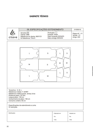 50
M-2M-2M-2M-2M-2PLANEAMENTOPLANEAMENTOPLANEAMENTOPLANEAMENTOPLANEAMENTO
CONFEC@neCONFEC@neCONFEC@neCONFEC@neCONFEC@nettttt
GGGGGABINETE TÉCNICOABINETE TÉCNICOABINETE TÉCNICOABINETE TÉCNICOABINETE TÉCNICO
06. ESPECIFICAÇÕES ESTENDIMENTO 01000016
Página N° :1/1
Versão : 01
Artigo: 200
Produção:
Estação: Verão
Data recepção:20/04/03
Data entrega:30/04/03
Amostra:
Cliente: DBB
Referência do cliente: AB/0123
N/ Referência: TS/v01
Modificações: Validado em:
Por:
Visto:
Elaborado em:
Por:
Visto:
Especificações de estendimento e corte:
S/ restrições
Tamanhos : S, M, L
Referência moldes: T- SHIRT
Referência matéria-prima: Jersey cinza
Eficiência plano: 78.79%
Largura plano: 155 cm
Comprimento do plano: 195 cm
Consumo unitário: 65 cm
L
M
L
S
S
M
L
M M
S
SL
 