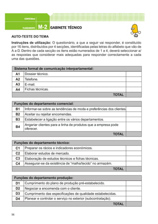 56
M-2M-2M-2M-2M-2PLANEAMENTOPLANEAMENTOPLANEAMENTOPLANEAMENTOPLANEAMENTO
CONFEC@neCONFEC@neCONFEC@neCONFEC@neCONFEC@nettttt
GGGGGABINETE TÉCNICOABINETE TÉCNICOABINETE TÉCNICOABINETE TÉCNICOABINETE TÉCNICO
AUTO-TESTE DO TEMA
Instruções de utilização: O questionário, a que a seguir vai responder, é constituído
por 16 itens, distribuídos por 4 secções, identificadas pelas letras do alfabeto que vão de
A a D. Dentro de cada secção os itens estão numerados de 1 a 4, deverá seleccionar a/
as respostas que considerar mais adequadas para responder correctamente a cada
uma das questões.
Funções do departamento técnico:
C1
C2
C3
C4
Preparar os rácios e indicadores económicos.
Elaborar estudos de mercado.
Elaboração de estudos técnicos e fichas técnicas.
Assegurar-se da existência de “malha/tecido” no armazém.
TOTAL
Sistema formal de comunicação interpartamental:
A1
A2
A3
A4
Dossier técnico.
Telefone.
E-mail.
Fichas técnicas.
TOTAL
Funções do departamento comercial:
B1
B2
B3
Informar-se sobre as tendências de moda e preferências dos clientes.
Aceitar ou rejeitar encomendas.
Estabelecer a ligação entre os vários departamentos.
B4
Angariar clientes para a linha de produtos que a empresa pode
oferecer.
TOTAL
Funções do departamento produção:
D1
D2
D3
D4
Cumprimento do plano de produção pré-estabelecido.
Negociar a encomenda com o cliente.
Cumprimento das especificações de qualidade estabelecidas.
Planear e controlar o serviço no exterior (subcontratação).
TOTAL
 