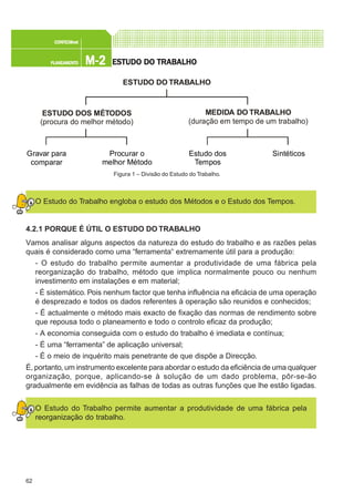 62
M-2M-2M-2M-2M-2PLANEAMENTOPLANEAMENTOPLANEAMENTOPLANEAMENTOPLANEAMENTO
CONFEC@neCONFEC@neCONFEC@neCONFEC@neCONFEC@nettttt
ESTUDO DO TRABALHOESTUDO DO TRABALHOESTUDO DO TRABALHOESTUDO DO TRABALHOESTUDO DO TRABALHO
O Estudo do Trabalho engloba o estudo dos Métodos e o Estudo dos Tempos.
4.2.1 PORQUE É ÚTIL O ESTUDO DO TRABALHO
Vamos analisar alguns aspectos da natureza do estudo do trabalho e as razões pelas
quais é considerado como uma “ferramenta“ extremamente útil para a produção:
- O estudo do trabalho permite aumentar a produtividade de uma fábrica pela
reorganização do trabalho, método que implica normalmente pouco ou nenhum
investimento em instalações e em material;
- É sistemático. Pois nenhum factor que tenha influência na eficácia de uma operação
é desprezado e todos os dados referentes à operação são reunidos e conhecidos;
- É actualmente o método mais exacto de fixação das normas de rendimento sobre
que repousa todo o planeamento e todo o controlo eficaz da produção;
- A economia conseguida com o estudo do trabalho é imediata e contínua;
- É uma “ferramenta” de aplicação universal;
- É o meio de inquérito mais penetrante de que dispõe a Direcção.
É, portanto, um instrumento excelente para abordar o estudo da eficiência de uma qualquer
organização, porque, aplicando-se à solução de um dado problema, pôr-se-ão
gradualmente em evidência as falhas de todas as outras funções que lhe estão ligadas.
O Estudo do Trabalho permite aumentar a produtividade de uma fábrica pela
reorganização do trabalho.
Figura 1 – Divisão do Estudo do Trabalho.
ESTUDO DOS MÉTODOS
(procura do melhor método)
ESTUDO DO TRABALHO
MEDIDA DO TRABALHO
(duração em tempo de um trabalho)
Gravar para
comparar
Procurar o
melhor Método
Estudo dos
Tempos
Sintéticos
 