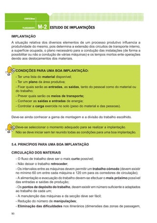 90
M-2M-2M-2M-2M-2PLANEAMENTOPLANEAMENTOPLANEAMENTOPLANEAMENTOPLANEAMENTO
CONFEC@neCONFEC@neCONFEC@neCONFEC@neCONFEC@nettttt
ESTUDO DE IMPLANTESTUDO DE IMPLANTESTUDO DE IMPLANTESTUDO DE IMPLANTESTUDO DE IMPLANTAÇÕESAÇÕESAÇÕESAÇÕESAÇÕES
IMPLANTAÇÃO
A situação relativa dos diversos elementos de um processo produtivo influencia a
produtividade do mesmo, pois determina a extensão dos circuitos de transporte interno,
a superfície ocupada, o plano necessário para a condução das instalações (de forma a
possibilitar ou não a condução de várias máquinas) e os tempos mortos ente operações
devido aos deslocamentos dos materiais.
CONDIÇÕES PARA UMA BOA IMPLANTAÇÃO:
- Ter uma lista do material disponível;
- Ter um plano da área produtiva;
- Fixar quais serão as entradas, as saídas, tanto do pessoal como do material ou
do trabalho;
- Prever quais serão os meios de transporte;
- Conhecer as saídas e entradas de energia;
- Controlar a carga exercida no solo (peso do material e das pessoas).
Deve-se ainda conhecer a gama de montagem e a divisão do trabalho escolhido.
Deve-se seleccionar o momento adequado para se realizar a implantação.
Não se deve iniciar sem ter reunido todas as condições para uma boa implantação.
5.4. PRINCÍPIOS PARA UMA BOA IMPLANTAÇÃO
CIRCULAÇÃO DOS MATERIAIS
- O fluxo de trabalho deve ser o mais curto possível;
- Não deixar o trabalho retroceder;
- Os intervalos entre as máquinas devem permitir um trabalho cómodo (devem existir
no mínimo 60 cm entre cada máquina e 120 cm para os corredores de circulação);
- A alimentação e evacuação do trabalho devem-se efectuar o mais próximo possível
das entradas e saídas de produção;
- Os pontos de depósito do trabalho, devem existir em número suficiente e adaptados
ao trabalho de cada um;
- A manutenção das máquinas e da secção deve ser fácil;
- Redução do número de manipulações;
- Eliminação das dificuldades nos itinerários (dimensões das zonas de passagem,
 