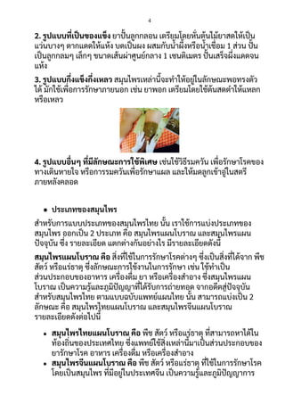 4
2. รูปแบบที่เป็นของแข็ง ยาปั้ นลูกกลอน เตรียมโดยหั่นต้นไม้ยาสดให้เป็น
แว่นบางๆ ตากแดดให้แห้ง บดเป็นผง ผสมกับน้าผึ้งหรือน้าเชื่อม 1 ส่วน ปั้ น
เป็นลูกกลมๆ เล็กๆ ขนาดเส้นผ่าศูนย์กลาง 1 เซนติเมตร ปั้ นเสร็จผึ่งแดดจน
แห้ง
3. รูปแบบกึ่งแข็งกึ่งเหลว สมุนไพรเหล่านี้จะทาให้อยู่ในลักษณะพอทรงตัว
ได้ มักใช้เพื่อการรักษาภายนอก เช่น ยาพอก เตรียมโดยใช้ต้นสดตาให้แหลก
หรือเหลว
4. รูปแบบอื่นๆ ที่มีลักษณะการใช้พิเศษ เช่นใช้วิธีรมควัน เพื่อรักษาโรคของ
ทางเดินหายใจ หรือการรมควันเพื่อรักษาแผล และให้มดลูกเข้าอู่ในสตรี
ภายหลังคลอด
● ประเภทของสมุนไพร
สาหรับการแบบประเภทของสมุนไพรไทย นั้น เราใช้การแบ่งประเภทของ
สมุนไพร ออกเป็น 2 ประเภท คือ สมุนไพรแผนโบราณ และสมุนไพรแผน
ปัจจุบัน ซึ่ง รายละเอียด แตกต่างกันอย่างไร มีรายละเอียดดังนี้
สมุนไพรแผนโบราณ คือ สิ่งที่ใช้ในการรักษาโรคต่างๆ ซึ่งเป็นสิ่งที่ได้จาก พืช
สัตว์ หรือแร่ธาตุ ซึ่งลักษณะการใช้งานในการรักษา เช่น ใช้ทาเป็น
ส่วนประกอบของอาหาร เครื่องดื่ม ยา หรือเครื่องสาอาง ซึ่งสมุนไพรแผน
โบราณ เป็นความรู้และภูมิปัญญาที่ได้รับการถ่ายทอด จากอดีตสู่ปัจจุบัน
สาหรับสมุนไพรไทย ตามแบบฉบับแพทย์แผนไทย นั้น สามารถแบ่งเป็น 2
ลักษณะ คือ สมุนไพรไทยแผนโบราณ และสมุนไพรจีนแผนโบราณ
รายละเอียดดังต่อไปนี้
● สมุนไพรไทยแผนโบราณ คือ พืช สัตว์ หรือแร่ธาตุ ที่สามารถหาได้ใน
ท้องถิ่นของประเทศไทย ซึ่งแพทย์ใช้สิ่งเหล่านี้มาเป็นส่วนประกอบของ
ยารักษาโรค อาหาร เครื่องดื่ม หรือเครื่องสาอาง
● สมุนไพรจีนแผนโบราณ คือ พืช สัตว์ หรือแร่ธาตุ ที่ใช้ในการรักษาโรค
โดยเป็นสมุนไพร ที่มีอยู่ในประเทศจีน เป็นความรู้และภูมิปัญญาการ
 