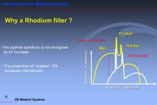 GE Medical Systems
e
Introduction to Mammography
Mo
17,4 KeV
19,6 Kev
IQ increase
Dose decrease
Why a Rhodium filter ?
• the optimal spectrum is not energized
by kV increase
• The proportion of “useless” RX
increases dramatically
Quantity
of
photons Energetic spectrum
 