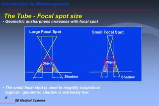 GE Medical Systems
e
Introduction to Mammography
• Geometric unsharpness increases with focal spot
• The small focal spot is used to magnify suspicious
regions - geometric shadow is extremely low.
The Tube - Focal spot size
Large Focal Spot Small Focal Spot
Object
Shadow Shadow
 