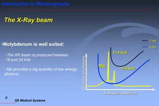 GE Medical Systems
e
Introduction to Mammography
The X-Ray beam
•Molybdenum is well suited:
- The XR beam is produced between
18 and 20 kVe
- Mo provides a big quantity of low energy
photons
Mo
Quantity
of
photons
Energetic spectrum
17,4 KeV
19,6 Kev
7 cm
2 cm
 