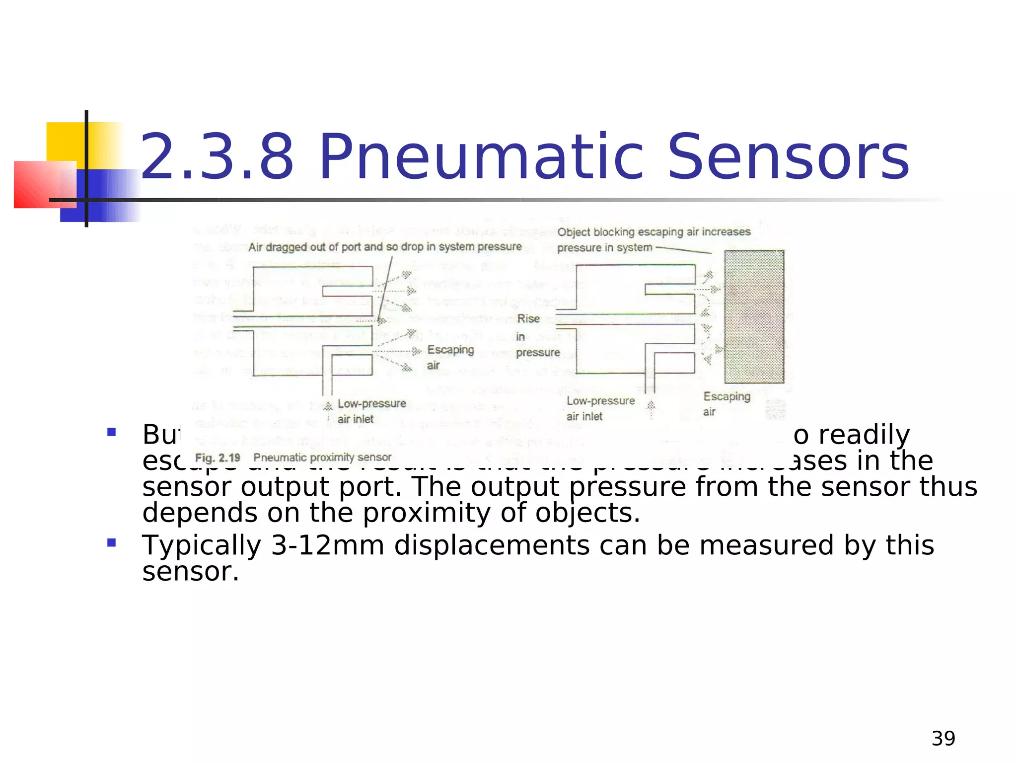 2.3.8 Pneumatic Sensors

 But if there is a close by object, the air cannot so readily
escape and the result is that the pressure increases in the
sensor output port. The output pressure from the sensor thus
depends on the proximity of objects.
 Typically 3-12mm displacements can be measured by this
sensor.

39

 