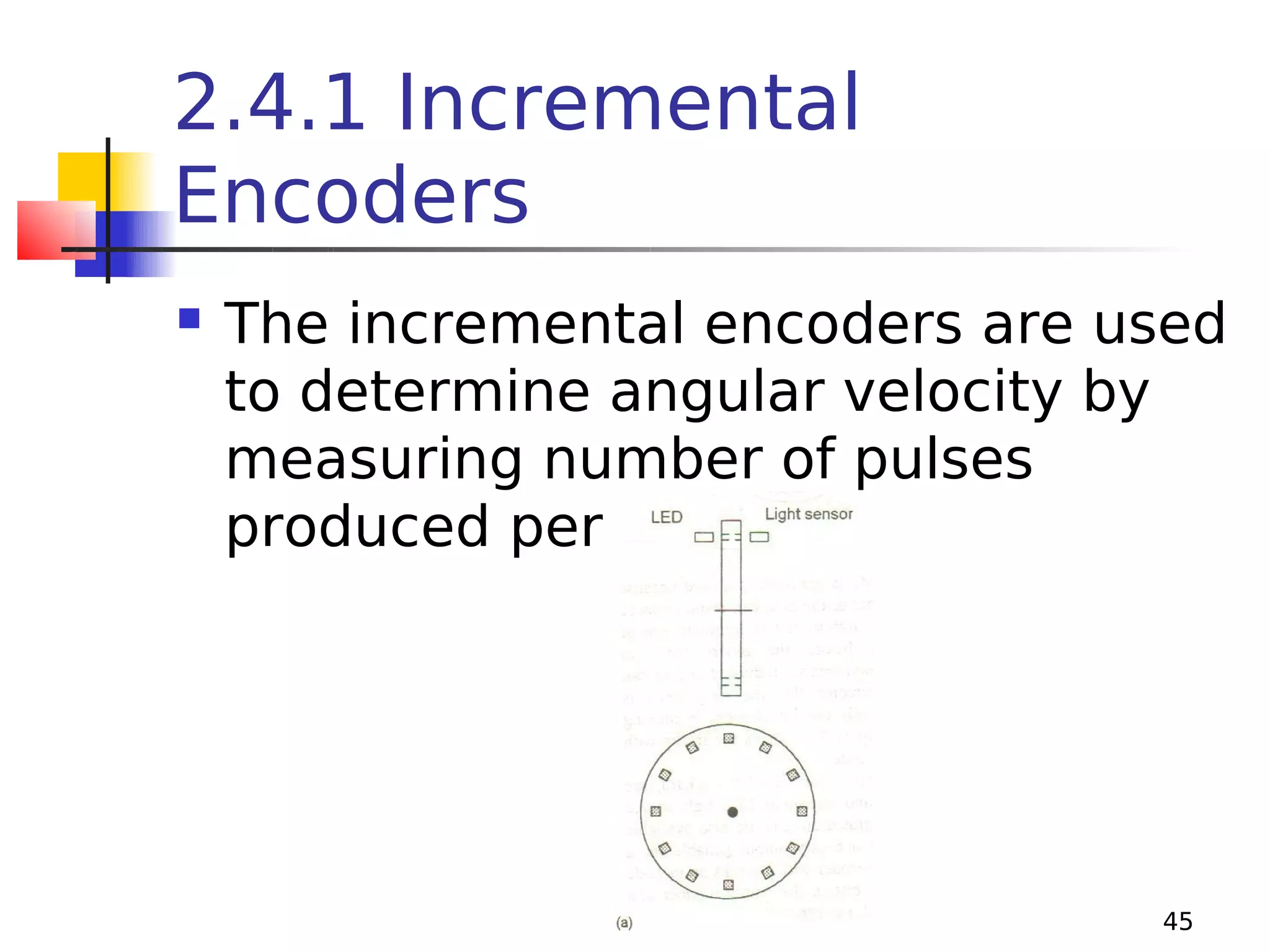 2.4.1 Incremental
Encoders


The incremental encoders are used
to determine angular velocity by
measuring number of pulses
produced per second.

45

 