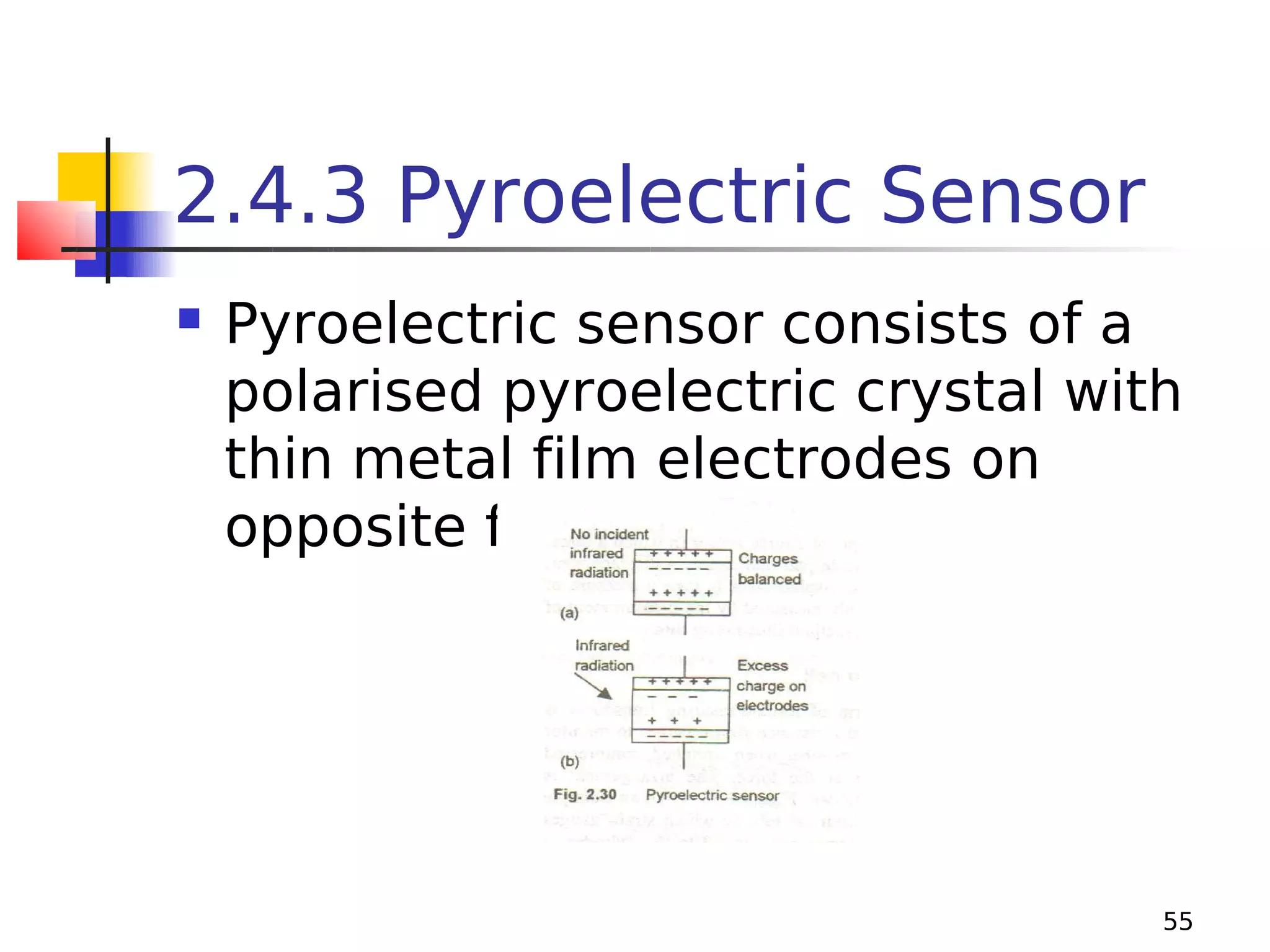 2.4.3 Pyroelectric Sensor


Pyroelectric sensor consists of a
polarised pyroelectric crystal with
thin metal film electrodes on
opposite faces.

55

 