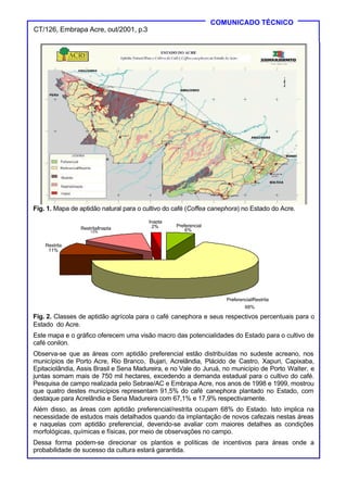 CT/126, Embrapa Acre, out/2001, p.3
COMUNICADO TÉCNICO
Fig. 1. Mapa de aptidão natural para o cultivo do café (Coffea canephora) no Estado do Acre.
Preferencial
6%
Restrita
11%
Restrita/Inapta
13%
Inapta
2%
Preferencial/Restrita
68%
Fig. 2. Classes de aptidão agrícola para o café canephora e seus respectivos percentuais para o
Estado do Acre.
Este mapa e o gráfico oferecem uma visão macro das potencialidades do Estado para o cultivo de
café conilon.
Observa-se que as áreas com aptidão preferencial estão distribuídas no sudeste acreano, nos
municípios de Porto Acre, Rio Branco, Bujari, Acrelândia, Plácido de Castro, Xapuri, Capixaba,
Epitaciolândia, Assis Brasil e Sena Madureira, e no Vale do Juruá, no município de Porto Walter, e
juntas somam mais de 750 mil hectares, excedendo a demanda estadual para o cultivo do café.
Pesquisa de campo realizada pelo Sebrae/AC e Embrapa Acre, nos anos de 1998 e 1999, mostrou
que quatro destes municípios representam 91,5% do café canephora plantado no Estado, com
destaque para Acrelândia e Sena Madureira com 67,1% e 17,9% respectivamente.
Além disso, as áreas com aptidão preferencial/restrita ocupam 68% do Estado. Isto implica na
necessidade de estudos mais detalhados quando da implantação de novos cafezais nestas áreas
e naquelas com aptidão preferencial, devendo-se avaliar com maiores detalhes as condições
morfológicas, químicas e físicas, por meio de observações no campo.
Dessa forma podem-se direcionar os plantios e políticas de incentivos para áreas onde a
probabilidade de sucesso da cultura estará garantida.
 