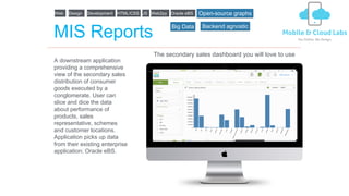 MIS Reports
A downstream application
providing a comprehensive
view of the secondary sales
distribution of consumer
goods executed by a
conglomerate. User can
slice and dice the data
about performance of
products, sales
representative, schemes
and customer locations.
Application picks up data
from their existing enterprise
application; Oracle eBS.
The secondary sales dashboard you will love to use
Web Design Development HTML/CSS JS Web2py Oracle eBS
Backend agnostic
Open-source graphs
Big Data
 