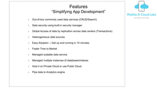 Features
“Simplifying App Development”
• Out-of-box commonly used data services (CRUD/Search)
• Data security using built-in security manager
• Global Access of data by replication across data centers (Transactions)
• Heterogeneous data sources
• Easy Adoption -- Get up and running in 10 minutes.
• Faster Time to Market
• Managed scalable data service
• Managed multiple instances of databases/indexes
• Host it on Private Cloud or use Public Cloud
• Pipe data to Analytics engine
 