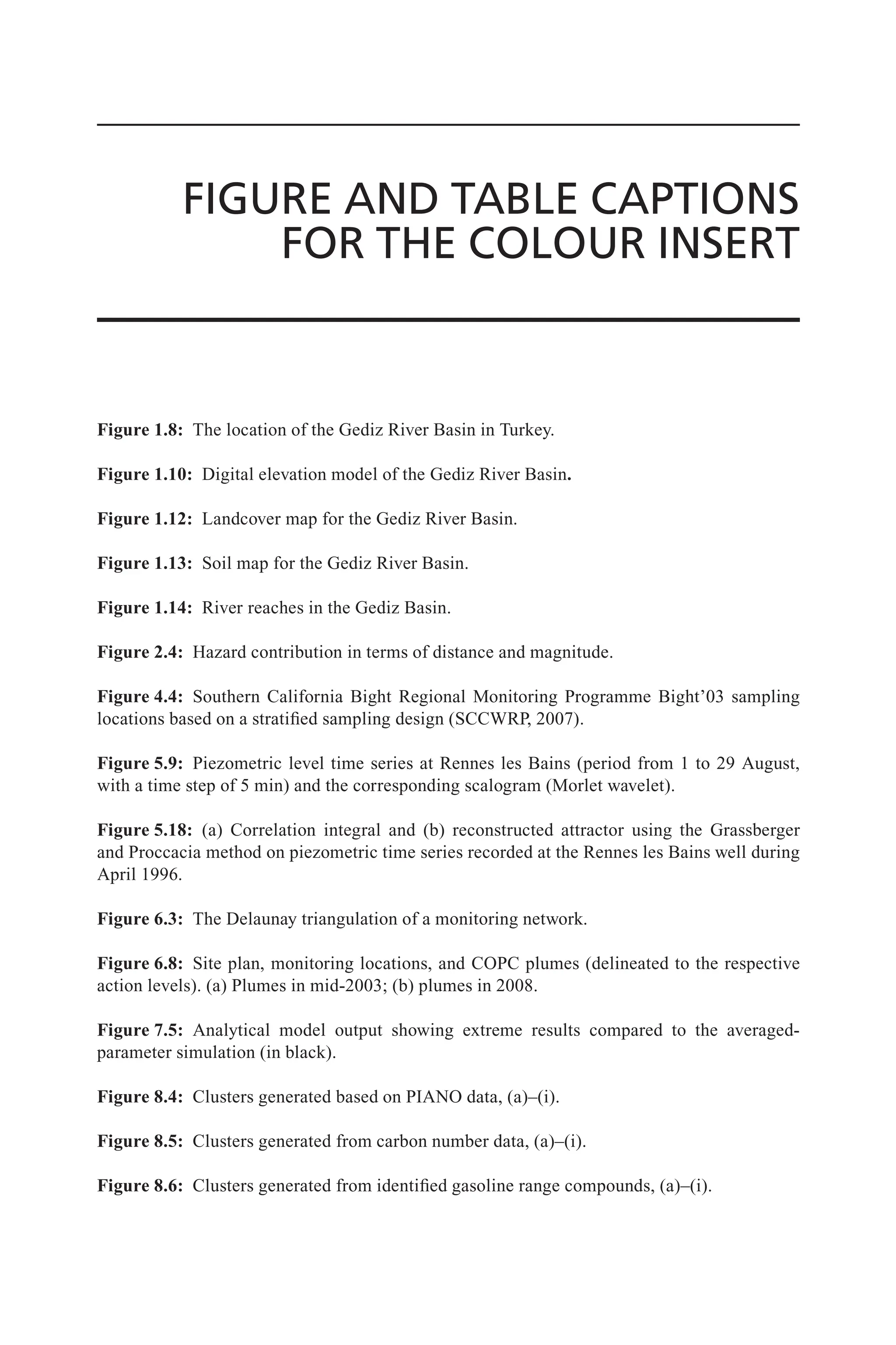 FIGURE AND TABLE CAPTIONS
FOR THE COLOUR INSERT
Figure 1.8: The location of the Gediz River Basin in Turkey.
Figure 1.10: Digital elevation model of the Gediz River Basin.
Figure 1.12: Landcover map for the Gediz River Basin.
Figure 1.13: Soil map for the Gediz River Basin.
Figure 1.14: River reaches in the Gediz Basin.
Figure 2.4: Hazard contribution in terms of distance and magnitude.
Figure 4.4: Southern California Bight Regional Monitoring Programme Bight’03 sampling
locations based on a stratified sampling design (SCCWRP, 2007).
Figure 5.9: Piezometric level time series at Rennes les Bains (period from 1 to 29 August,
with a time step of 5 min) and the corresponding scalogram (Morlet wavelet).
Figure 5.18: (a) Correlation integral and (b) reconstructed attractor using the Grassberger
and Proccacia method on piezometric time series recorded at the Rennes les Bains well during
April 1996.
Figure 6.3: The Delaunay triangulation of a monitoring network.
Figure 6.8: Site plan, monitoring locations, and COPC plumes (delineated to the respective
action levels). (a) Plumes in mid-2003; (b) plumes in 2008.
Figure 7.5: Analytical model output showing extreme results compared to the averaged-
parameter simulation (in black).
Figure 8.4: Clusters generated based on PIANO data, (a)–(i).
Figure 8.5: Clusters generated from carbon number data, (a)–(i).
Figure 8.6: Clusters generated from identified gasoline range compounds, (a)–(i).
 