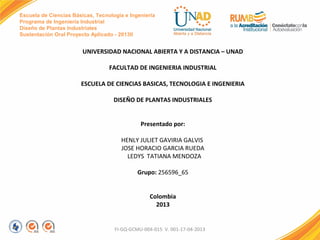 Escuela de Ciencias Básicas, Tecnología e Ingeniería
Programa de Ingeniería Industrial
Diseño de Plantas Industriales
Sustentación Oral Proyecto Aplicado - 2013II

UNIVERSIDAD NACIONAL ABIERTA Y A DISTANCIA – UNAD
FACULTAD DE INGENIERIA INDUSTRIAL
ESCUELA DE CIENCIAS BASICAS, TECNOLOGIA E INGENIERIA
DISEÑO DE PLANTAS INDUSTRIALES
Presentado por:
HENLY JULIET GAVIRIA GALVIS
JOSE HORACIO GARCIA RUEDA
LEDYS TATIANA MENDOZA
Grupo: 256596_65
Colombia
2013

FI-GQ-GCMU-004-015 V. 001-17-04-2013

 