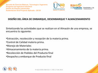 Escuela de Ciencias Básicas, Tecnología e Ingeniería
Programa de Ingeniería Industrial
Diseño de Plantas Industriales
Sustentación Oral Proyecto Aplicado - 2013II

DISEÑO DEL ÁREA DE EMBARQUE, DESEMBARQUE Y ALMACENAMIENTO
Sintetizando las actividades que se realizan en el Almacén de una empresa, se
encuentra lo siguiente:
•Extracción, recolección y recepción de la materia prima.
•Control de Calidad materia prima.
•Manejo de Materiales
•Almacenamiento de la materia prima.
•Recolección de Pedidos del Producto final
•Despacho y embarque de Producto final

FI-GQ-GCMU-004-015 V. 001-17-04-2013

 