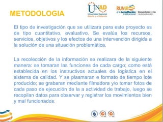 METODOLOGIA
El tipo de investigación que se utilizara para este proyecto es
de tipo cuantitativo, evaluativo. Se evalúa los recursos,
servicios, objetivos y los efectos de una intervención dirigida a
la solución de una situación problemática.
La recolección de la información se realizara de la siguiente
manera: se tomaran las funciones de cada cargo; como está
establecida en los instructivos actuales de logística en el
sistema de calidad. Y se plasmaran e formato de tiempo lote
producido; se grabaran mediante filmadora y/o tomar fotos de
cada paso de ejecución de la a actividad de trabajo, luego se
recopilan datos para observar y registrar los movimientos bien
y mal funcionados.
 