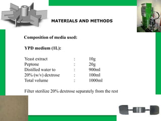 MATERIALS AND METHODS
Composition of media used:
YPD medium (1L):
Yeast extract : 10g
Peptone : 20g
Distilled water to : 900ml
20% (w/v) dextrose : 100ml
Total volume : 1000ml
Filter sterilize 20% dextrose separately from the rest
 