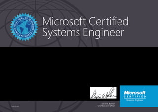 Steven A. Ballmer
Chief Executive Officer
Microsoft Certified
Systems Engineer
Part No. X18-83710
TEAN JACOBS
Has successfully completed the requirements to be recognized as a Microsoft Certified Systems
Engineer: Windows Server 2003.
Date of achievement: 11/14/2008
Certification number: C475-1572
 