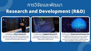 การวิจัยและพัฒนา
Research and Development (R&D)
เป็นการศึกษาหาความรู้ใหม่ ๆ เช่นกัน แต่ที่แตกต่างคือจะมี
วัตถุประสงค์ที่จะนำความรู้ไปใช้เพื่อประโยชน์ที่ชัดเจน หรือนำไป
ใช้เพื่อบรรลุเป้าหมายที่ได้ระบุไว้แน่ชัด
นำความรู้ที่ได้จากการวิจัย และ/หรือ จากประสบการณ์จริงมาส
ร้างวัสดุ อุปกรณ์ หรือผลิตภัณฑ์ใหม่ ๆ เพื่อการติดตั้ง
กระบวนการ ระบบ หรือการบริการใหม่ ๆ หรือเพื่อการปรับปรุง
สิ่งต่างๆ ที่มีอยู่ให้ดีขึ้น ด้วยวิธีการที่มีระบบระเบียบ
การวิจัยพื้นฐาน (Basic Research) การวิจัยประยุกต์ (Applied Research) การวิจัยทดลอง (Experimental Research)
เป็นการทดลองหรือการศึกษาเพื่อค้นคว้าหาทฤษฎีและความรู้
ใหม่ ๆ ที่มาจากปรากฏการณ์และความจริงที่สามารถสังเกตได้
โดยมิได้มุ่งหวังที่จะใช้ประโยชน์เพื่อการใดโดยเฉพาะ
 
