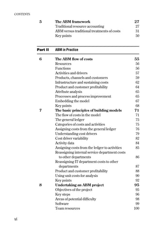 5 The ABM framework 27
Traditional resource accounting 27
ABM versus traditional treatments of costs 31
Key points 50
Part II ABM in Practice
6 The ABM flow of costs 55
Resources 56
Functions 56
Activities and drivers 57
Products, channels and customers 59
Infrastructure and sustaining costs 62
Product and customer profitability 64
Attribute analysis 65
Processes and process improvement 65
Embedding the model 67
Key points 68
7 The basic principles of building models 71
The flow of costs in the model 71
The general ledger 75
Categories of costs and activities 75
Assigning costs from the general ledger 76
Understanding cost drivers 79
Cost driver variability 82
Activity data 84
Assigning costs from the ledger to activities 85
Reassigning internal service department costs
to other departments 86
Reassigning IT department costs to other
departments 87
Product and customer profitability 88
Using unit costs for analysis 90
Key points 92
8 Undertaking an ABM project 95
Objectives of the project 95
Key steps 96
Areas of potential difficulty 98
Software 99
Team resources 100
CONTENTS
vi
Contents 9/24/01 2:59 PM Page vi
 