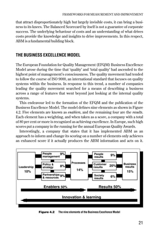 that attract disproportionately high but largely invisible costs, it can bring a busi-
ness to its knees. The Balanced Scorecard by itself is not a guarantee of corporate
success. The underlying behaviour of costs and an understanding of what drives
costs provide the knowledge and insights to drive improvements. In this respect,
ABM is a fundamental building block.
THE BUSINESS EXCELLENCE MODEL
The European Foundation for Quality Management (EFQM) Business Excellence
Model arose during the time that ‘quality’ and ‘total quality’ had ascended to the
highest point of management’s consciousness. The quality movement had tended
to follow the course of ISO 9000, an international standard that focuses on quality
systems within the business. In response to this trend, a number of companies
leading the quality movement searched for a means of describing a business
across a range of features that went beyond just looking at the internal quality
systems.
This endeavour led to the formation of the EFQM and the publication of the
Business Excellence Model. The model defines nine elements as shown in Figure
4.2. Five elements are known as enablers, and the remaining four are the results.
Each element has a weighting, and when taken as a score, a company with a total
of 80 per cent or more is recognized as achieving excellence. In Europe, such high
scores put a company in the running for the annual European Quality Awards.
Interestingly, a company that states that it has implemented ABM as an
approach to inform and change its scoring on a number of elements only achieves
an enhanced score if it actually produces the ABM information and acts on it.
FRAMEWORKS FOR MEASUREMENT AND IMPROVEMENT
21
Figure 4.2 The nine elements of the Business Excellence Model
Leadership
People
management
Policy &
strategy
Partnerships
& resources
Processes
People
results
Customer
results
Society
results
Business
results
Enablers 50% Results 50%
10%
9%
8%
9%
14%
9%
20%
6%
15%
Innovation & learning
Chapter 04 9/24/01 3:06 PM Page 21
 