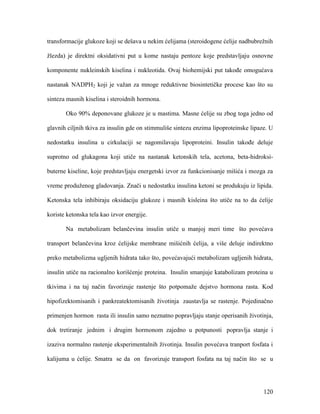 120
transformacije glukoze koji se dešava u nekim ćelijama (steroidogene ćelije nadbubrežnih
žlezda) je direktni oksidativni put u kome nastaju pentoze koje predstavljaju osnovne
komponente nukleinskih kiselina i nukleotida. Ovaj biohemijski put takođe omogućava
nastanak NADPH2 koji je važan za mnoge reduktivne biosintetičke procese kao što su
sinteza masnih kiselina i steroidnih hormona.
Oko 90% deponovane glukoze je u mastima. Masne ćelije su zbog toga jedno od
glavnih ciljnih tkiva za insulin gde on stimmuliše sintezu enzima lipoproteinske lipaze. U
nedostatku insulina u cirkulaciji se nagomilavaju lipoproteini. Insulin takođe deluje
suprotno od glukagona koji utiče na nastanak ketonskih tela, acetona, beta-hidroksi-
buterne kiseline, koje predstavljaju energetski izvor za funkcionisanje mišića i mozga za
vreme produženog gladovanja. Znači u nedostatku insulina ketoni se produkuju iz lipida.
Ketonska tela inhibiraju oksidaciju glukoze i masnih kisleina što utiče na to da ćelije
koriste ketonska tela kao izvor energije.
Na metabolizam belančevina insulin utiče u manjoj meri time što povećava
transport belančevina kroz ćelijske membrane mišićnih ćelija, a više deluje indirektno
preko metabolizma ugljenih hidrata tako što, povećavajući metabolizam ugljenih hidrata,
insulin utiče na racionalno korišćenje proteina. Insulin smanjuje katabolizam proteina u
tkivima i na taj način favorizuje rastenje što potpomaže dejstvo hormona rasta. Kod
hipofizektomisanih i pankreatektomisanih životinja zaustavlja se rastenje. Pojedinačno
primenjen hormon rasta ili insulin samo neznatno popravljaju stanje operisanih životinja,
dok tretiranje jednim i drugim hormonom zajedno u potpunosti popravlja stanje i
izaziva normalno rastenje eksperimentalnih životinja. Insulin povećava tranport fosfata i
kalijuma u ćelije. Smatra se da on favorizuje transport fosfata na taj način što se u
 